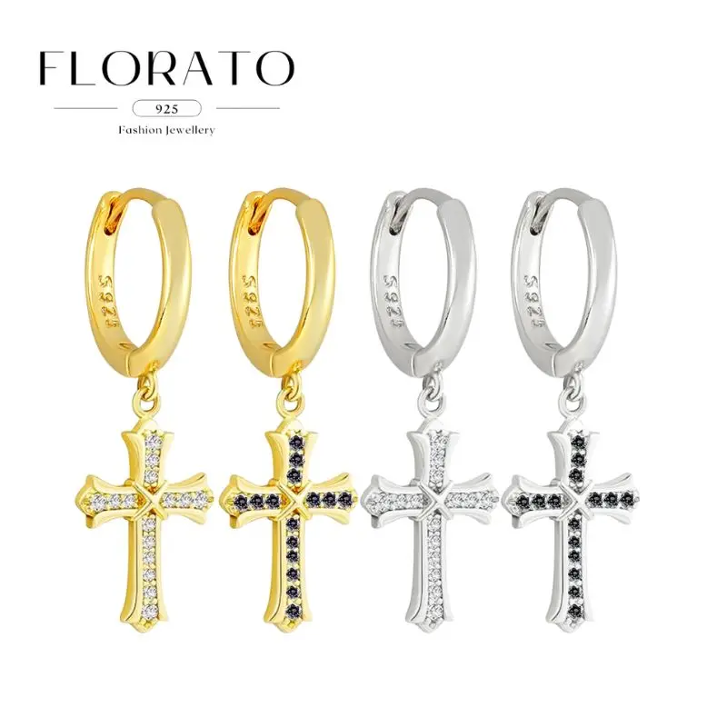 

925 Sterling Silver Minimalist Jesus Cross Pendant Punk Hip-Hop Zircon Hoop Earrings Fashion Wedding Party Earrings Jewelry