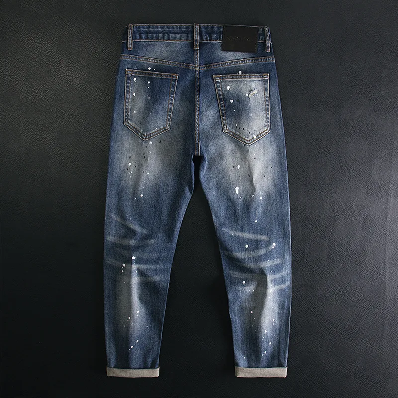 Splash ink ripped patch jeans for men, retro blue, slim fit, small feet, elastic and cool, spring and summer thin fashion pants