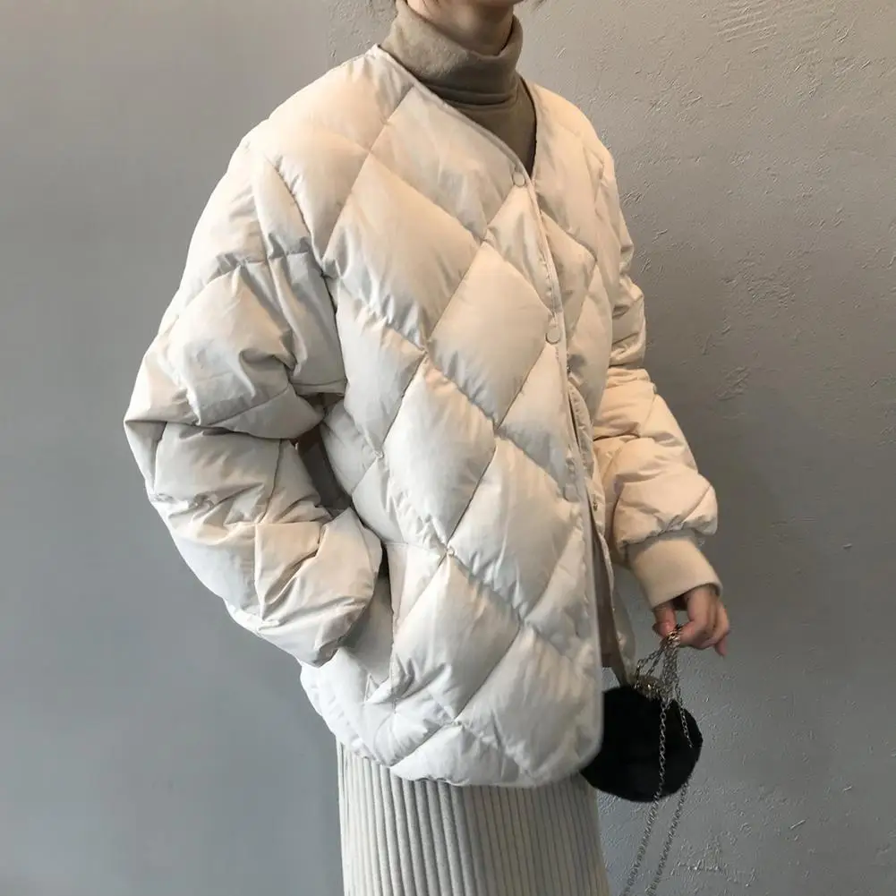 Women Cotton Jacket Hooded Cotton Jacket Winter Down Coat with Pockets Padded V Neck Jacket Rhombus Stitching Zip-up for Weather