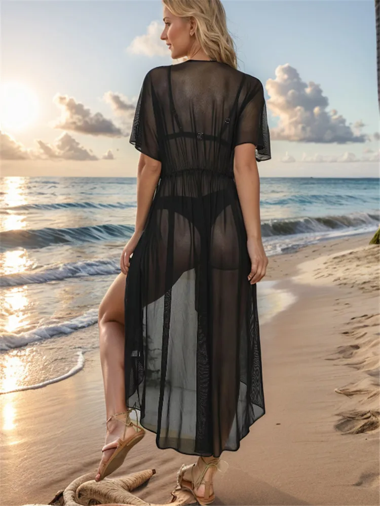 Long Beach Dresses for Women Summer Black Cardgian Cover Up Maxi Mesh Dress Holiday Outwear Sarong Tunic Luxury 2024 Trend Robe