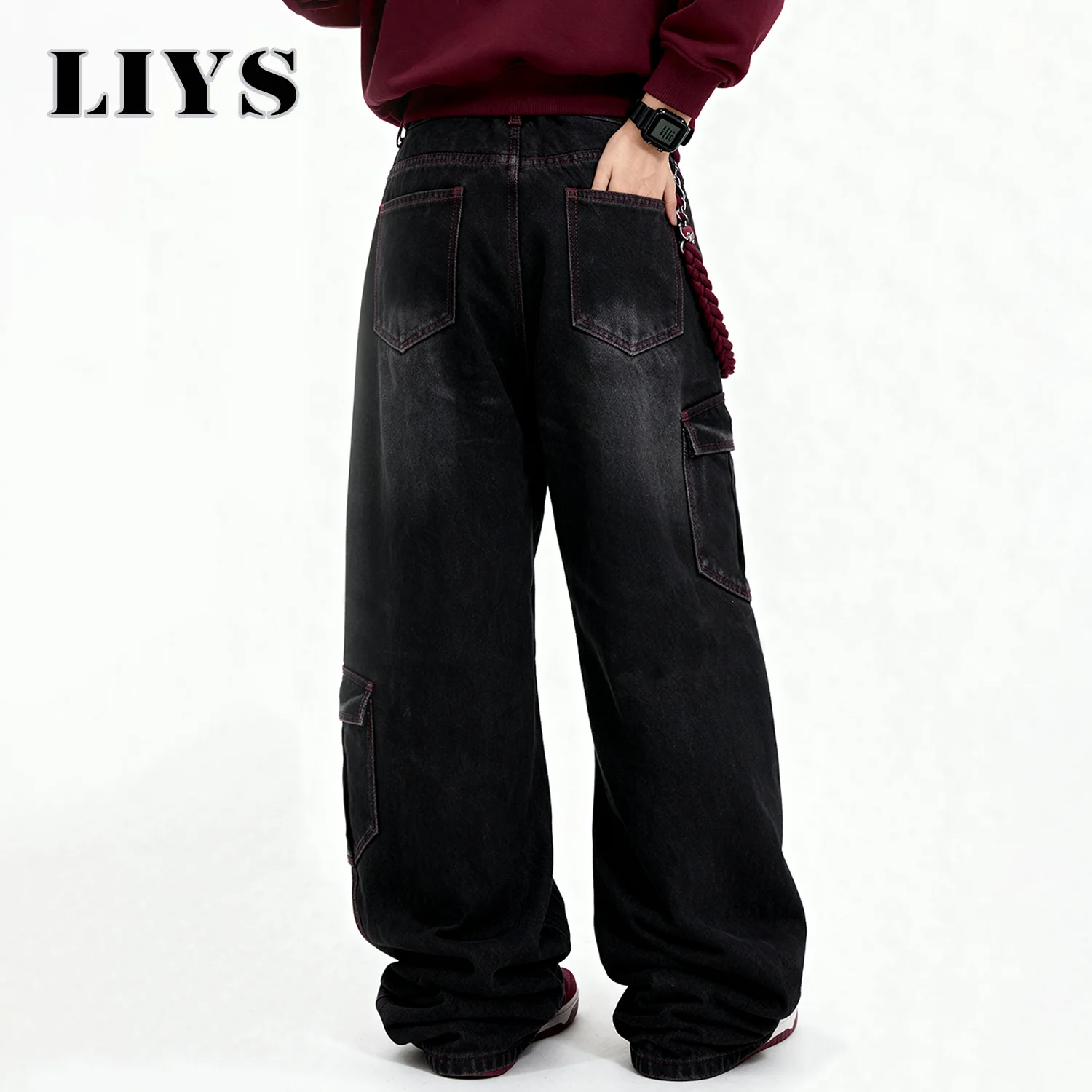 Men's American Street Retro Deconstruction Loose Wide Leg Jeans Unisex Baggy Men's Clothes Multi Pocket Skateboard Pants Jeans