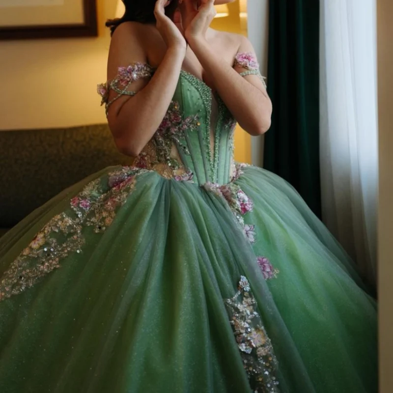 

Shiny Green Quinceanera Dresses off-shoulder Crystal Glitter Flower Decal Long tail Big Bow Vestido De 15 Quinceanera Customize