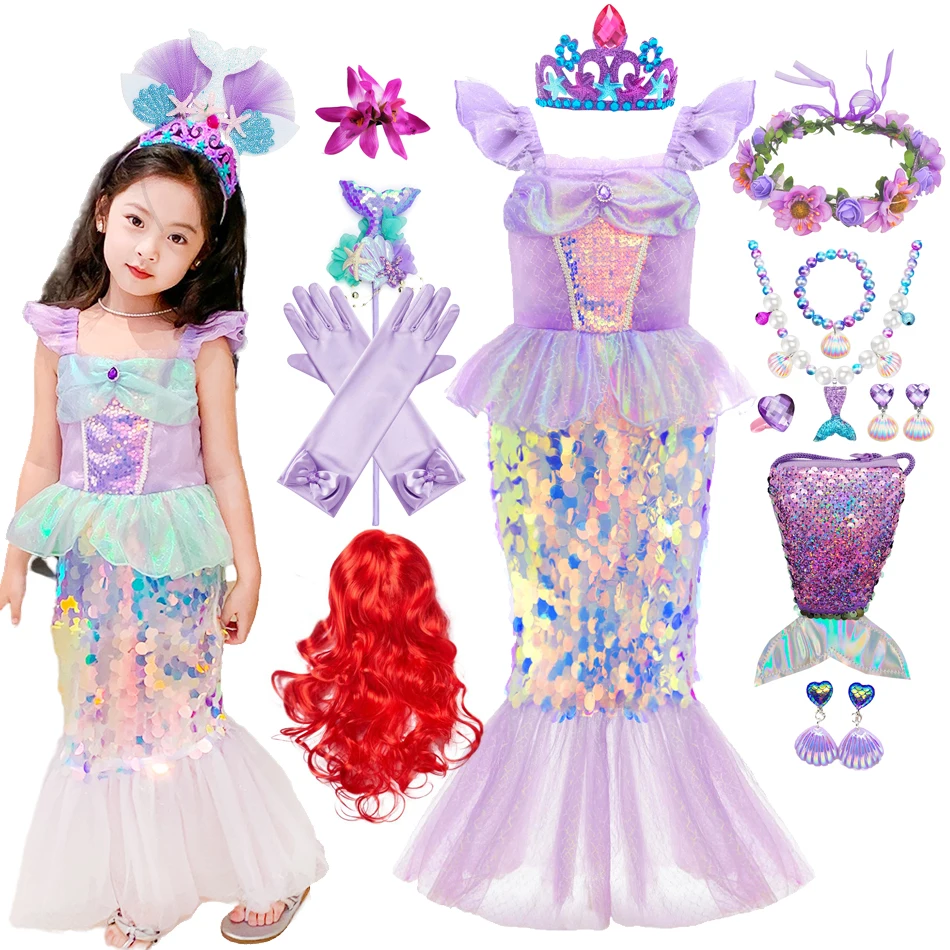 Little Mermaid Charm Princess Dress Cosplay Ariel Costumes for Kids Girl Mermaid Birthday Party Ball Gown Halloween Clothing