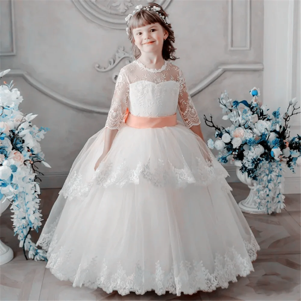 First Communion Gowns  Lovely White Flower Girl Dresses Tulle Lace Appliques Pink Bow Half Sleeve For Wedding Birthday GIft