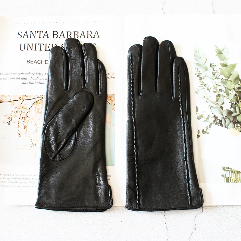 Leather Gloves Women\'s Plus Velvet Autumn and Winter Warm Price Direct Black Short Outdoor Riding Sheepskin Gloves