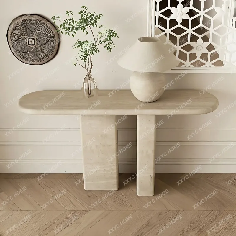 XXVintage Entryway Console Table Slim Travertine Decor Key Holder Living Room Partition Cream Style