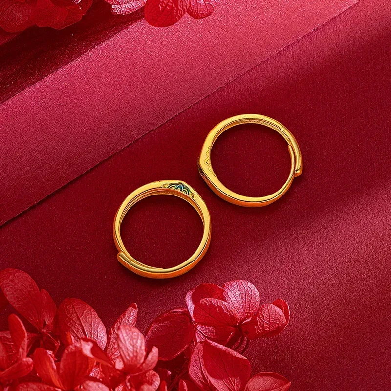 GoldAether 9999 24K Real Gold The Journey of a Legendary Landscape Painting Pair Ring Couple Lovers Rings Adjustable Enamelgift
