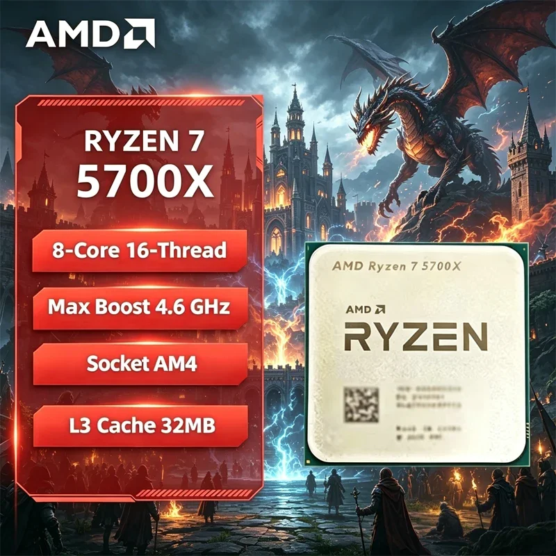 Procesador AMD Ryzen 7 5700X, CPU AMD R7 5700X de 8 Núcleos y 16 Subprocesos, 4.6GHz, Desbloqueado, para PC de Escritorio, Socket AM4, para Juegos, Sin Embalaje