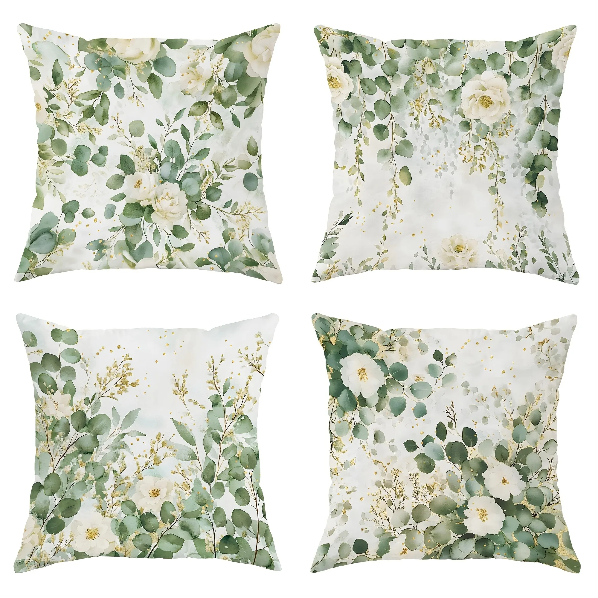 4pc Fresh Green Plants Floral Pattern Home Decor Pillowcase Living Room Sofa Polyester Cushion Cover with Zipper