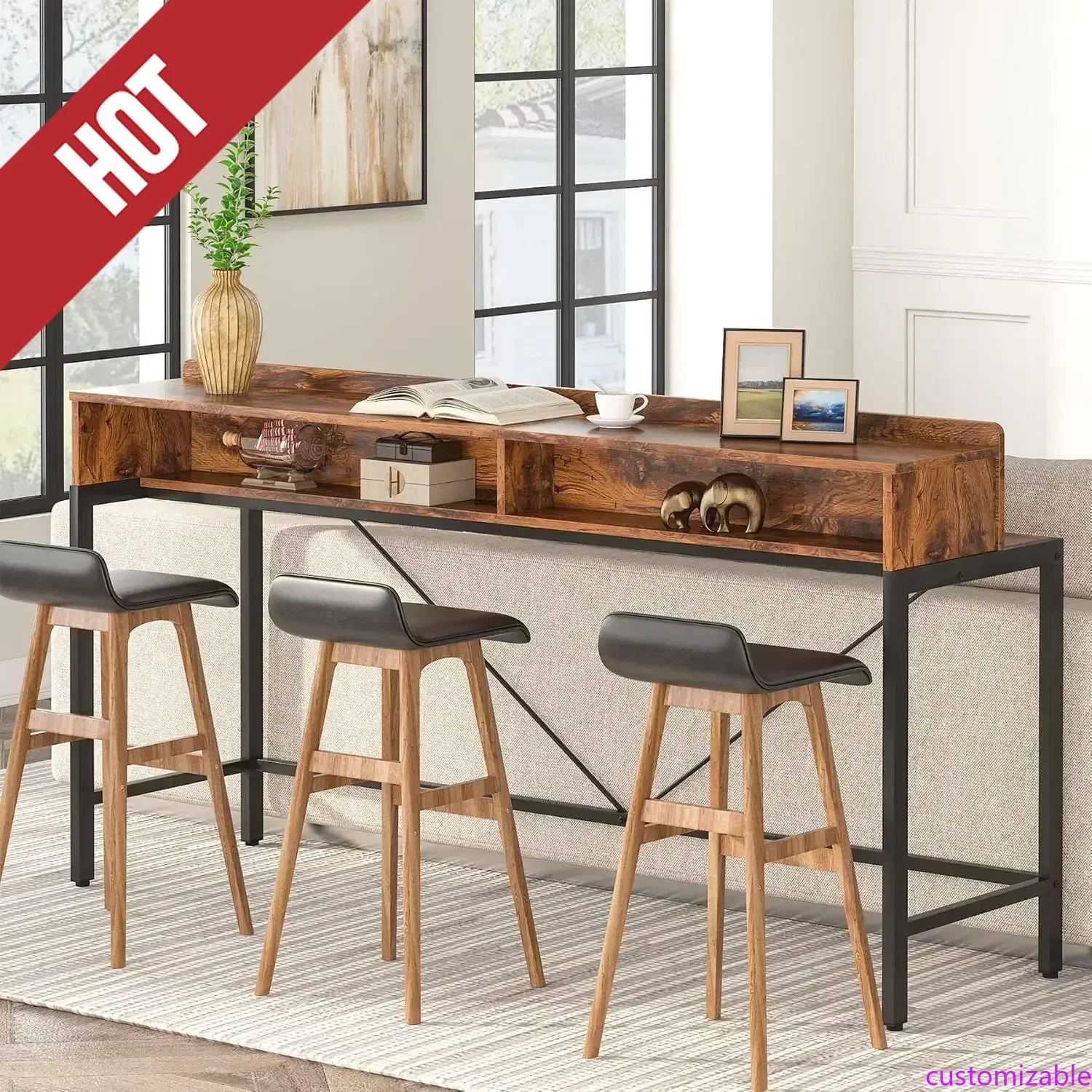 Customizable 70.9 Inch Extra Long Sofa Table With Storage, Industrial Table Behind Sofa With Open Shelves, 2-Tier Bar Height Con