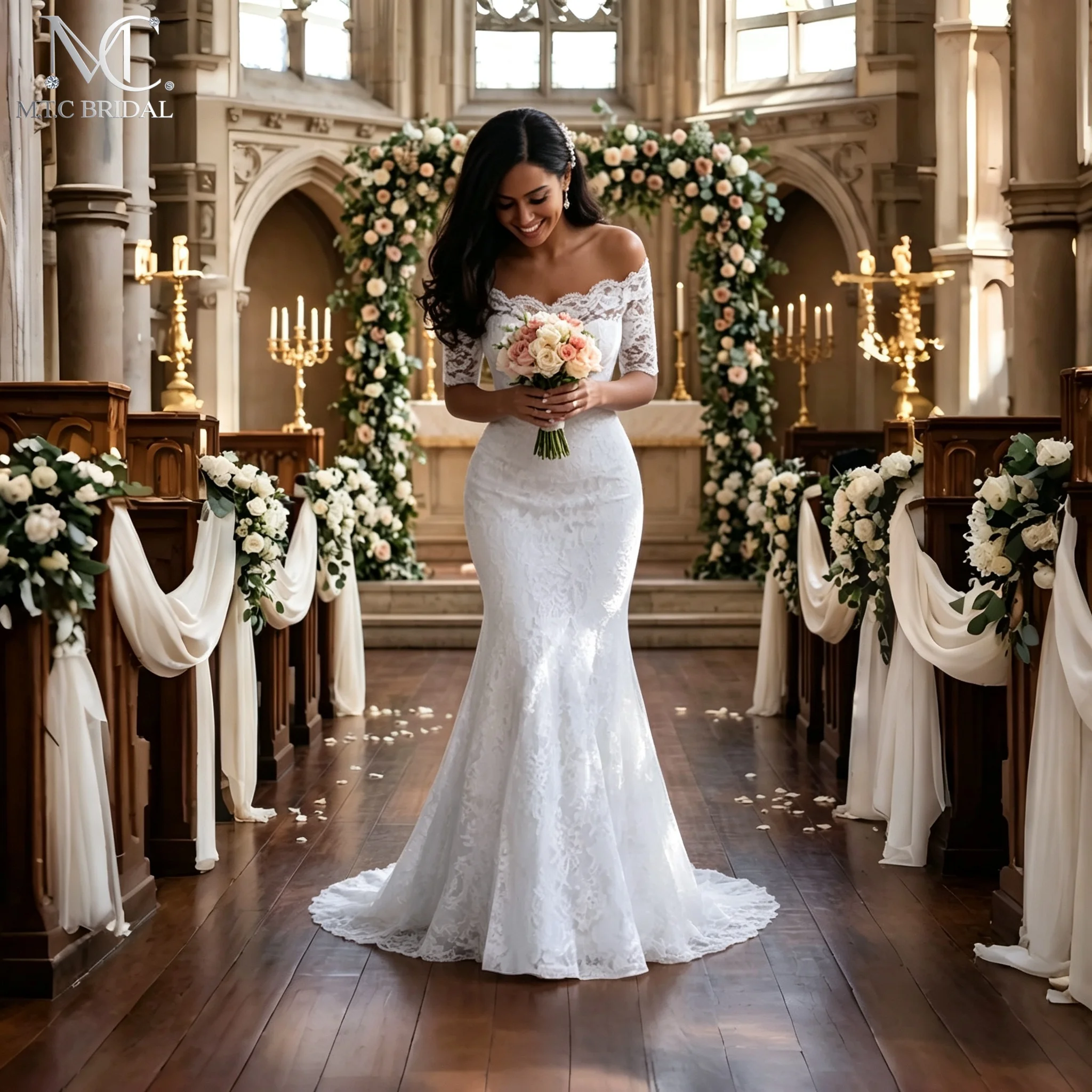 Elegant Lace Mermaid Wedding Dresses Off‑the‑Shoulder Half Sleeve Bridal Gown For Church Wedding Vestido De Noiva Robe De Mariee