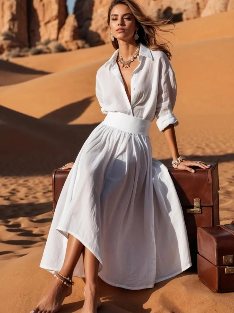 Vestido camisero de Color liso ajustado a la moda con solapa de verano, vestido largo elegante de manga larga con cuello en V atado en la cintura, ropa de oficina para mujer