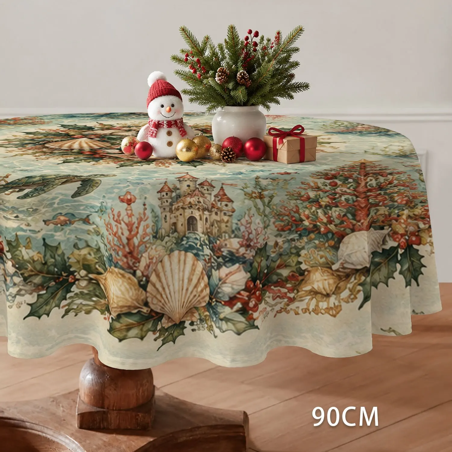 Vintage ocean Christmas-themed shell wreath pattern round tablecloth for festive table decorations