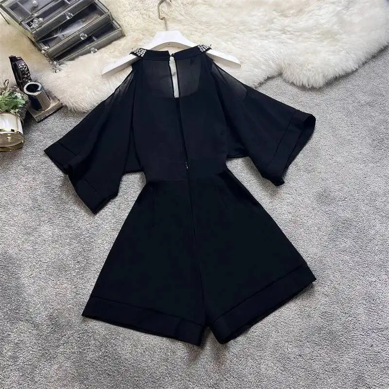 

BabYoung модные шифоновые комбинезоны с открытыми плечами и v-образным вырезом Y2k, свободные женские шорты с высокой талией, новинка 2025 года, широкие шорты