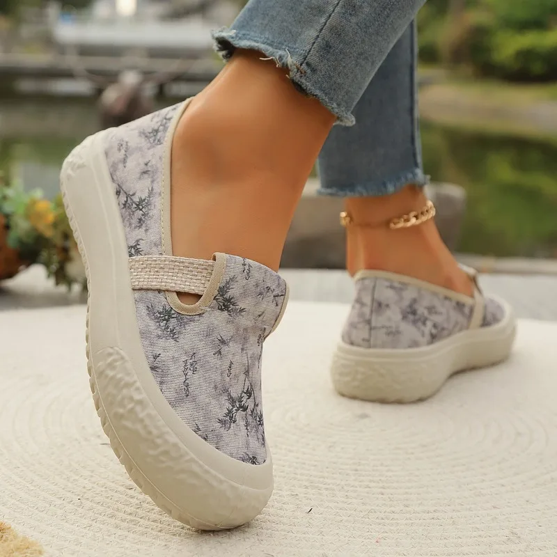 2024 Spring Autumn Solid Color Elegant Shallow Mouth Breathable Canvas Flat Shoes New Round Toe Comfortable Casual Women's Shoes