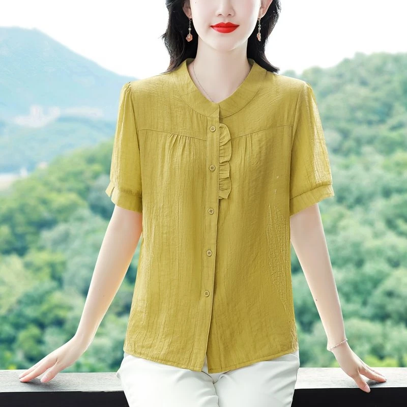 2024 New Summer Korean Version Fashionable and Elegant Minimalist Short Sleeved Blouses Round Neck Patchwork Women\'s Shirt Top