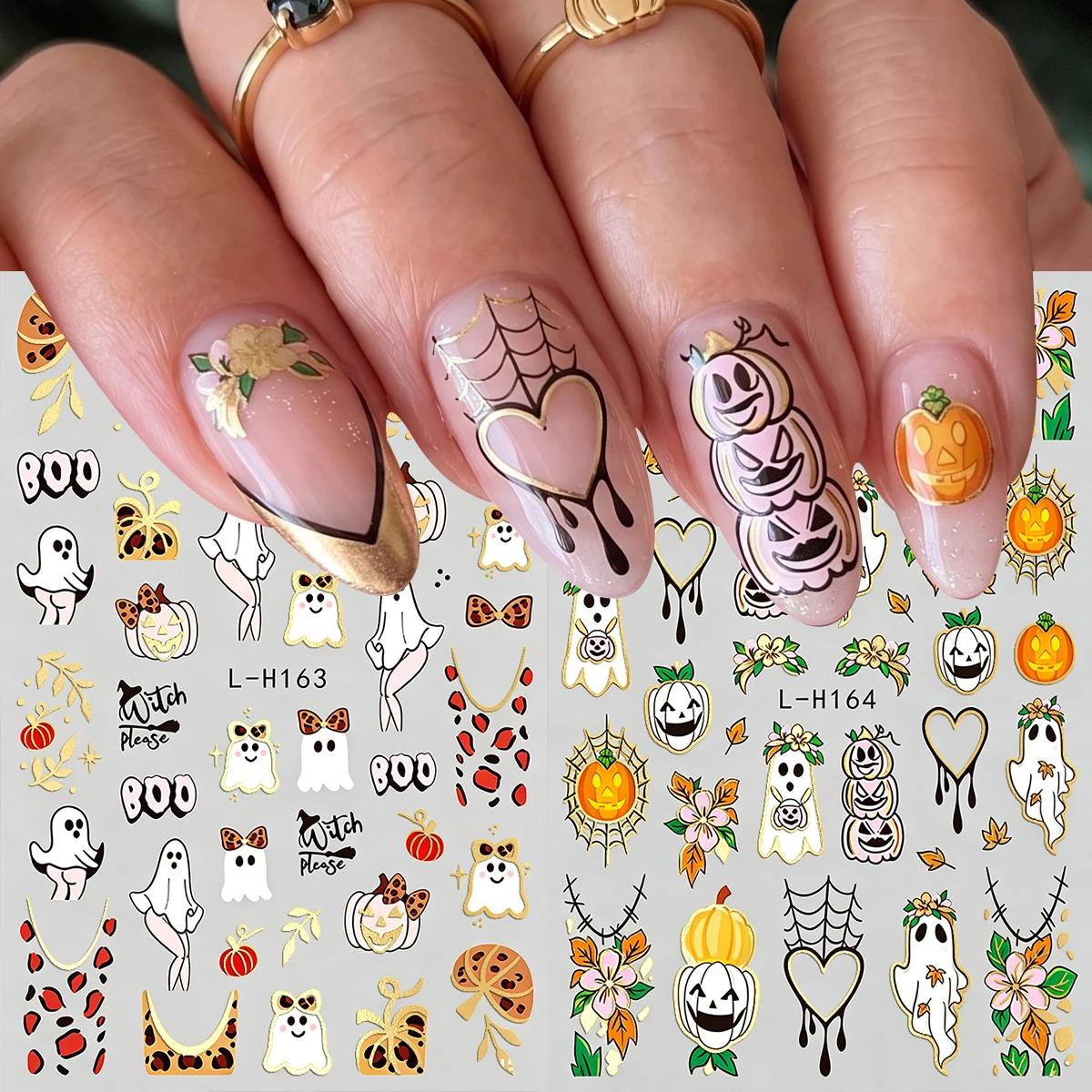 2pcs Gold Edge Halloween Nail Stickers, Leopard Print Ghost Flower Pumpkin Design Nail Decals, DIY Festival Nail Decorations
