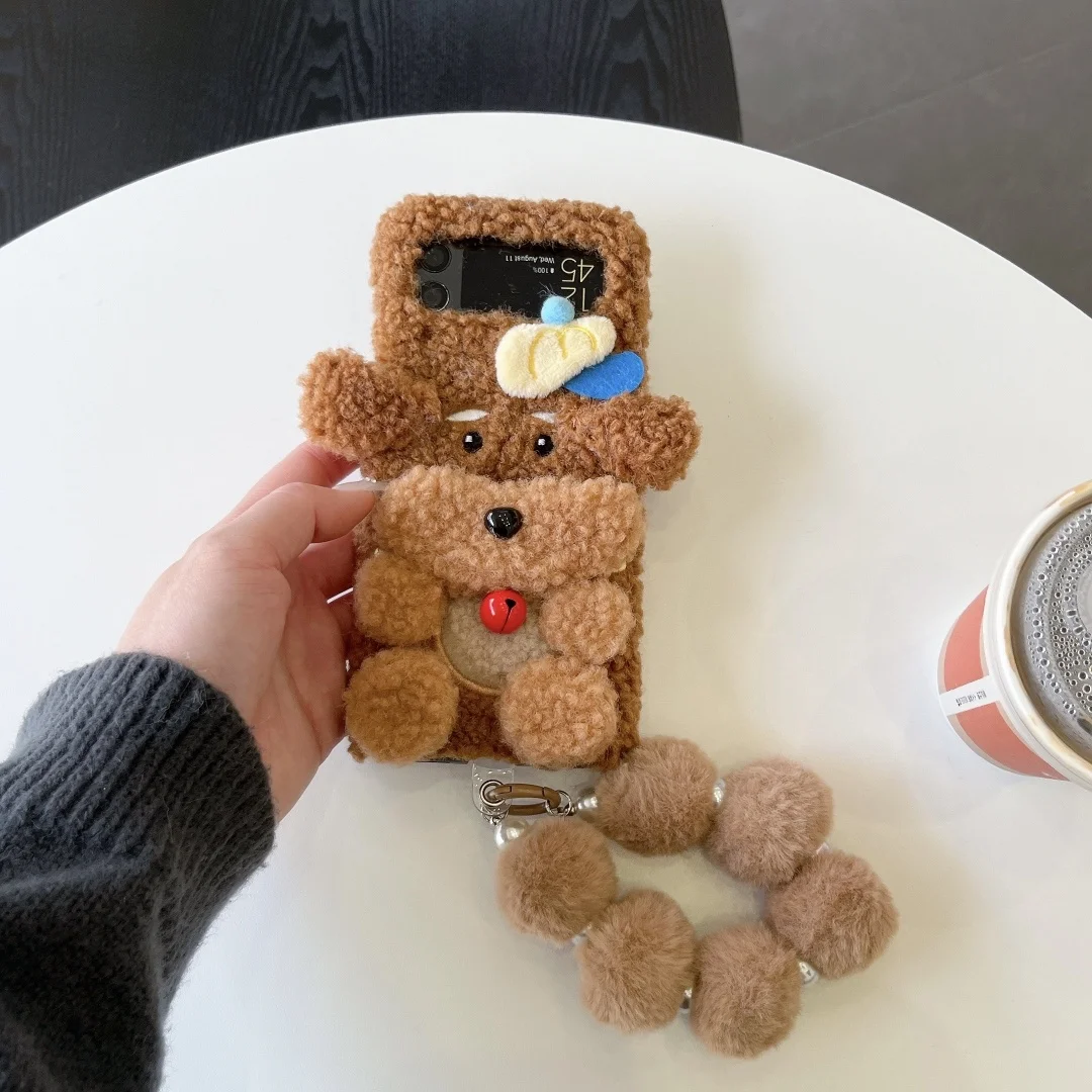 

3D Plush Soft Teddy Fluffy Fur Dog Phone Case For Samsung Galaxy Z Flip 7 6 3 4 5 Flip7 Winter Hand Warmer protector Cover