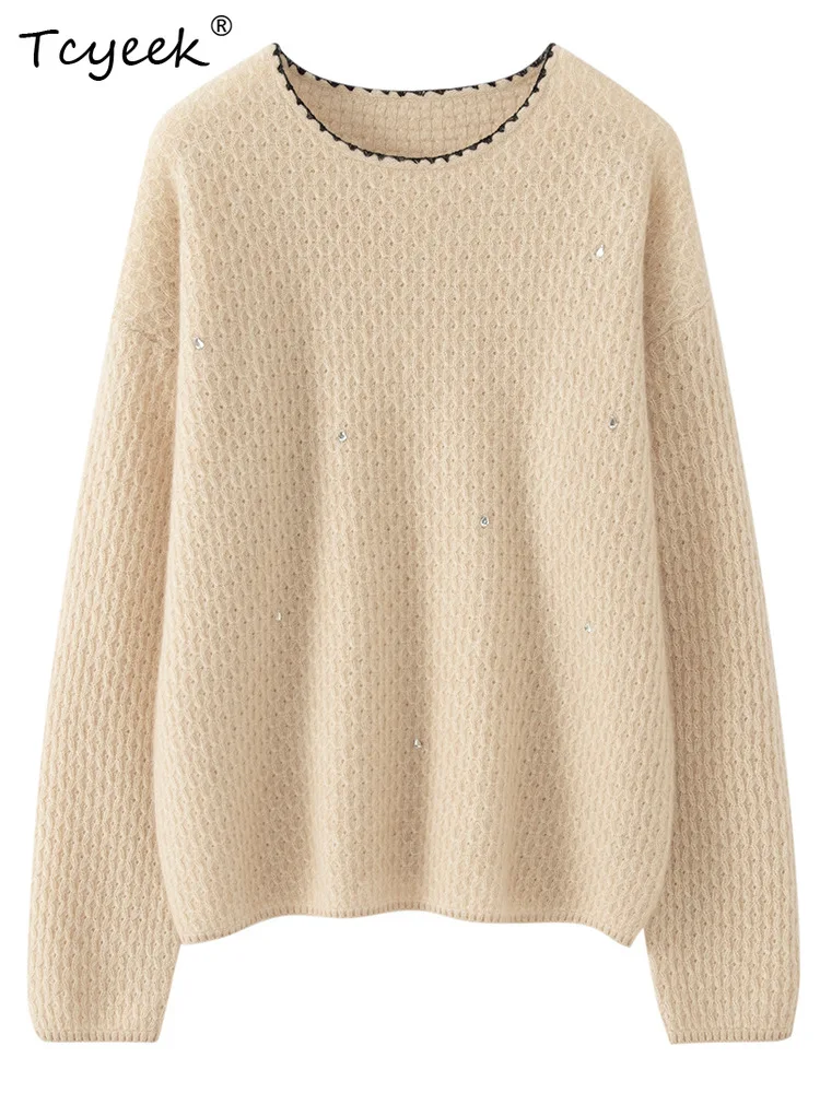 

Tcyeek, 100%Pure Cashmere Elegant Sweaters, Women Round Neck Sequins, Soft Sweet Knitted Pullover, 2024 Autumn Winter T48214QM