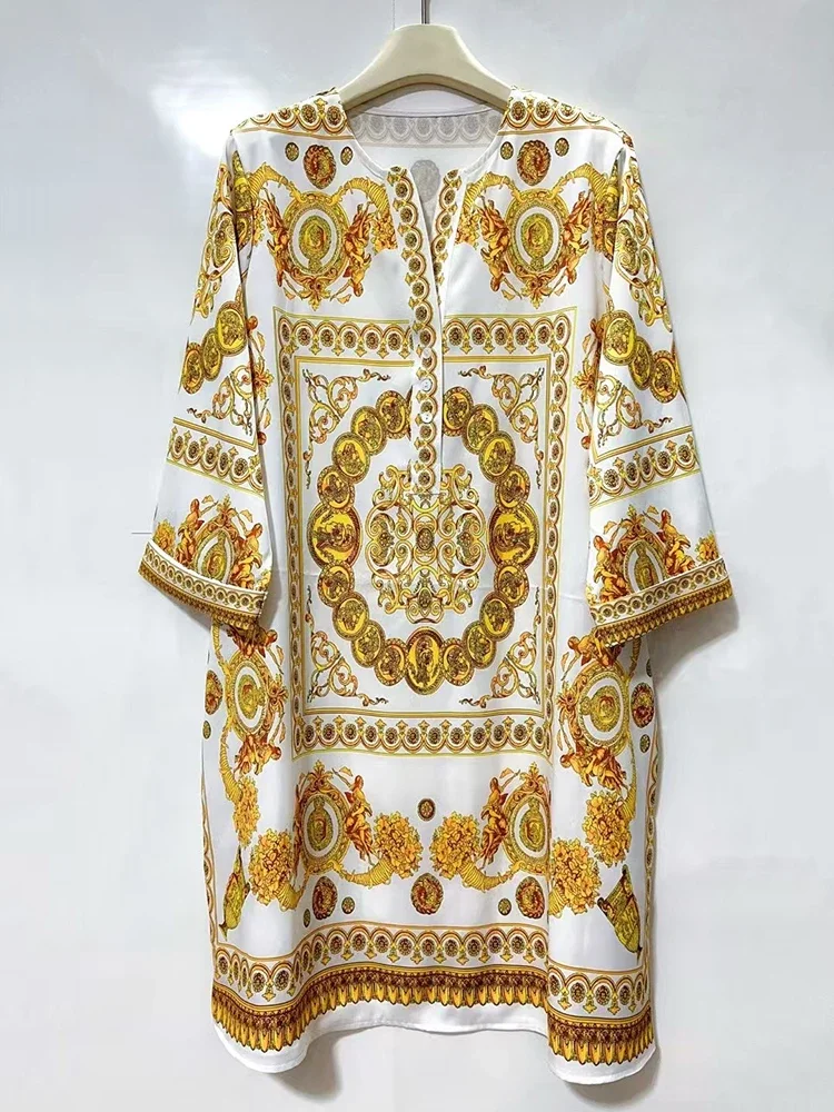 レトロ幾何学模様プリントVネックプルオーバー ストレートワンピース 2025夏 レディース Tシャツワンピース、おしゃれなゆったりストレートワンピース