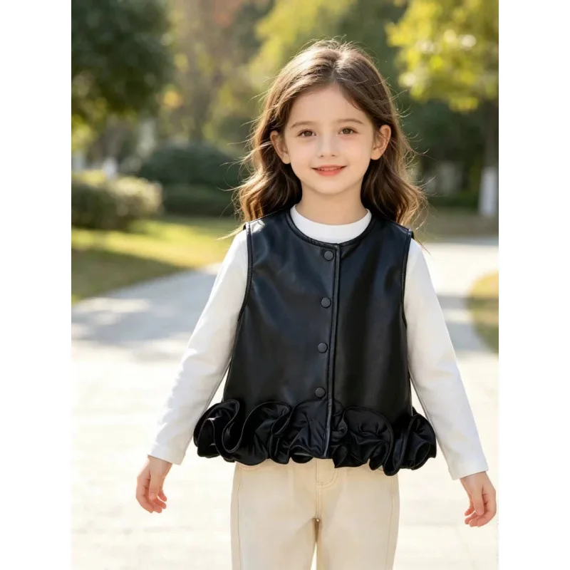 Autumn Stylish Girls Set Spring 2026 New Stylish Trendy Kids Spring Fall Korean Leather Vest Girls Casual