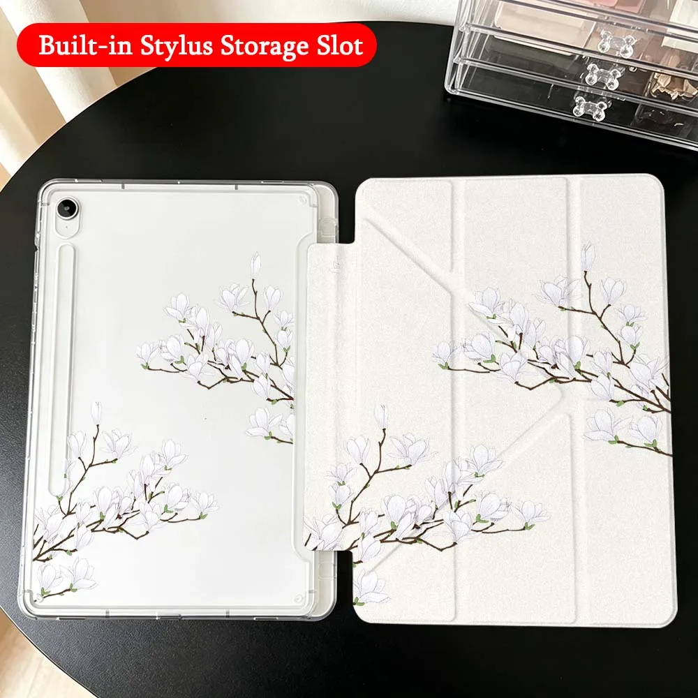 White Magnolia Branch For Samsung Galaxy Tab A9 A8 A11 S6 S7 S8 S9 S10 FE Plus Lite Transparent Y-Shaped Folding Tablet Case