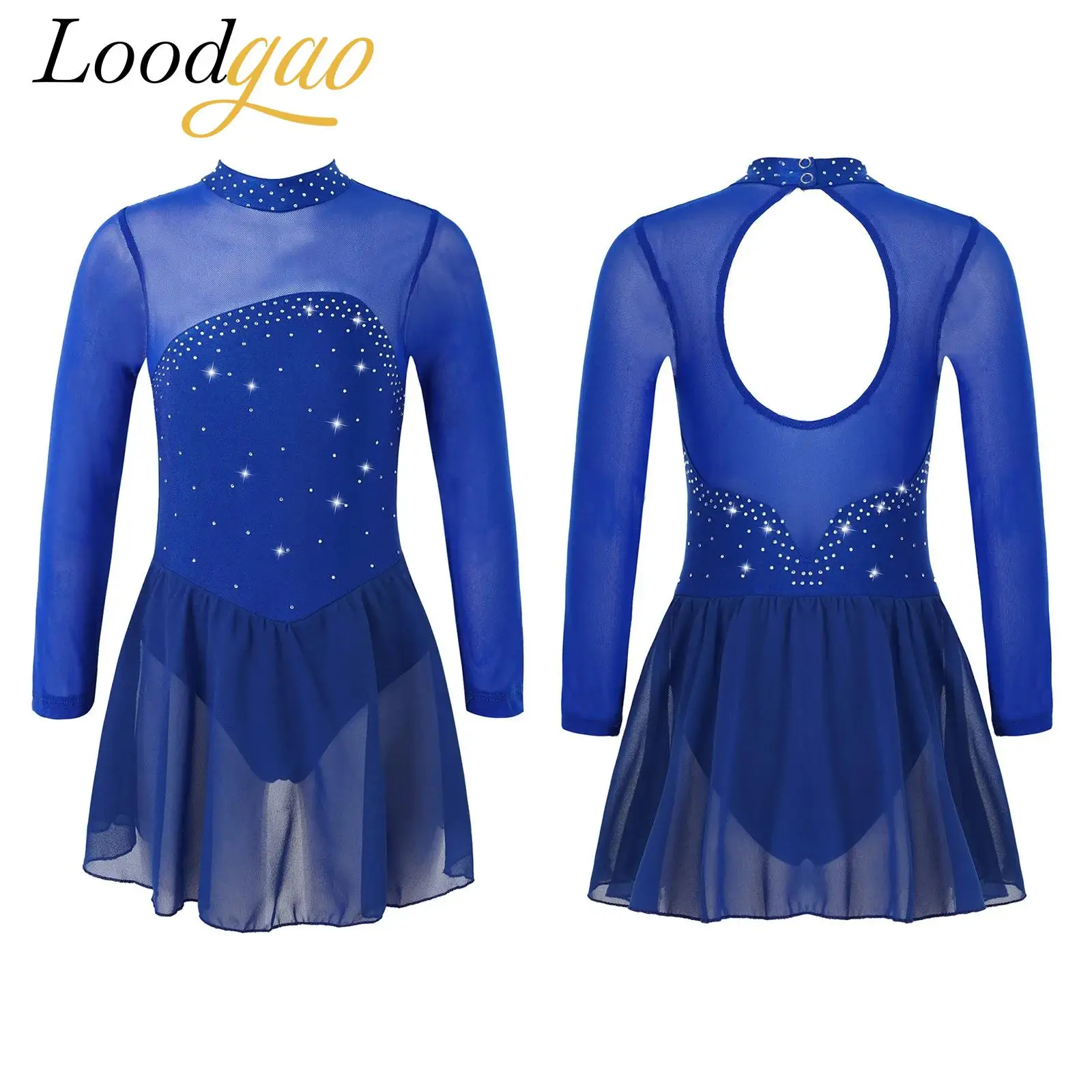 Kinder Mädchen Glänzende Strass Ballett Tanz Kleid Lange Ärmel Schlüsselloch Zurück Eiskunstlauf Rollschuhlaufen Trikot Dancewear