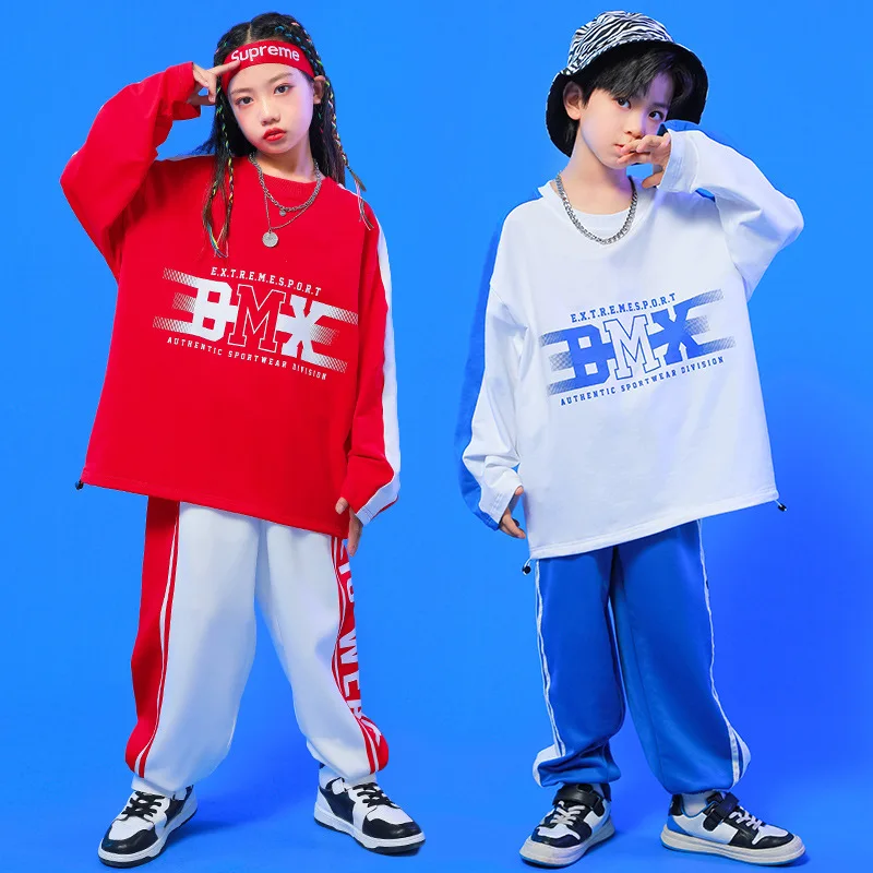 Rosso bianco blu Hiphop Jazz Street Dance costumi bambini Hip Hop abbigliamento sciolto felpa pantaloni tuta da palcoscenico per bambini ragazze ragazzi