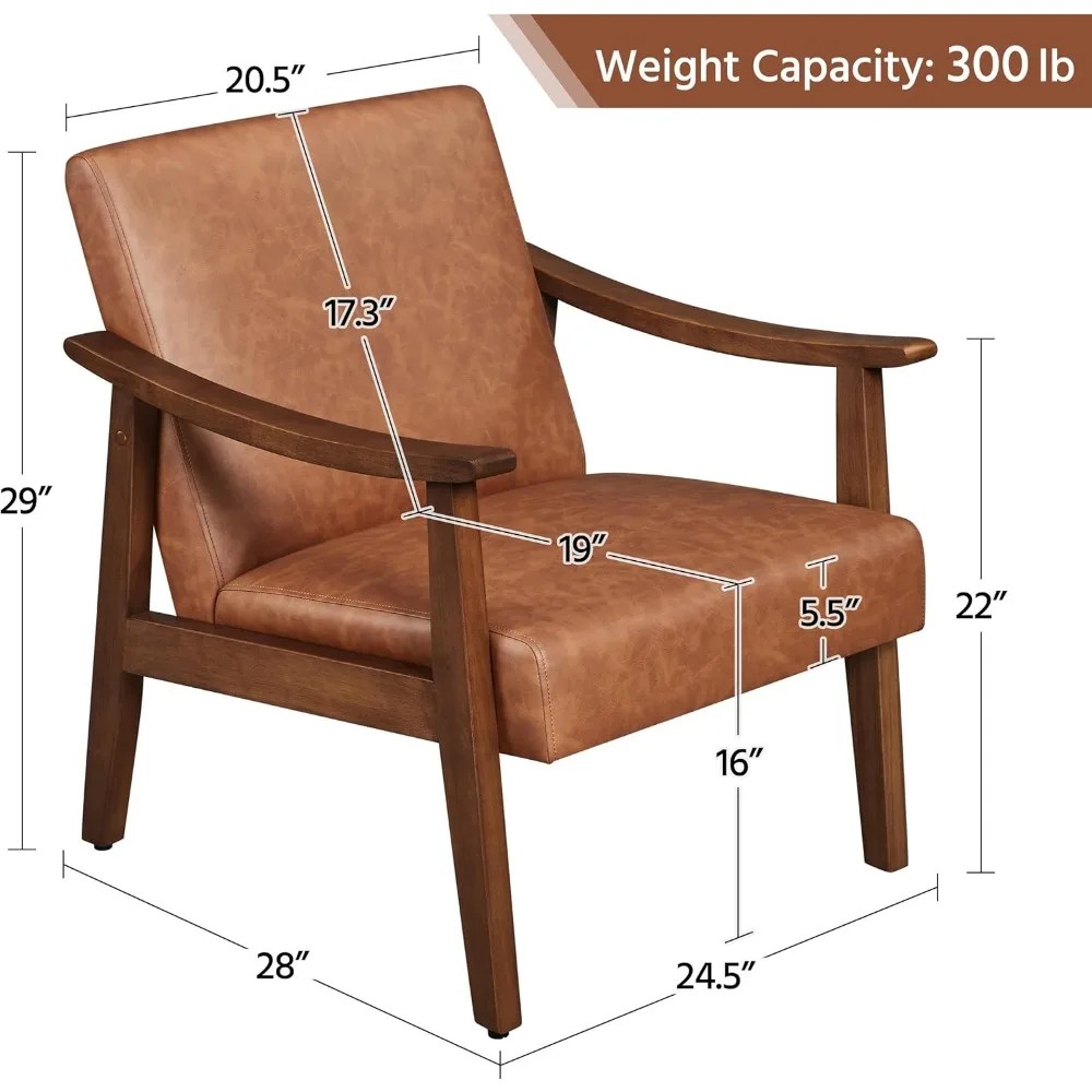 كرسي بلمسة من جلد البولي يوريثان، كرسي بذراعين حديث لمنتصف القرن بأرجل خشبية صلبة، كرسي ترفيهي للقراءة بظهر مرتفع لغرفة المعيشة