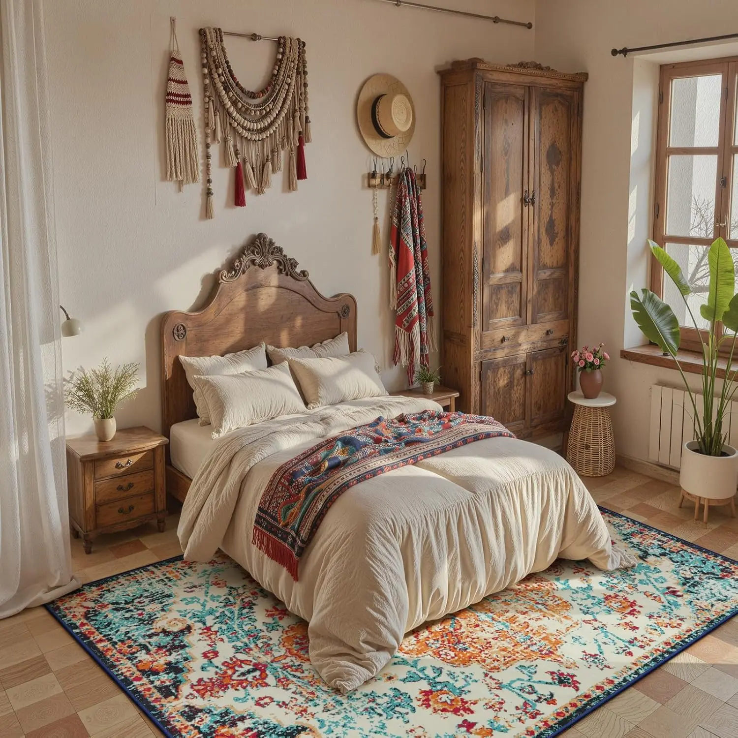 Bohemian Floral Medallion Area Rug Oriental Distressed Large Bedroom Rug, Soft Non-Slip Washable Dining Room Mat Indoor Throw