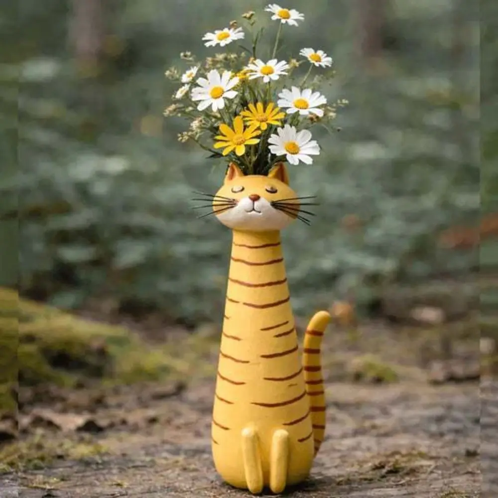 Artistic Handcrafted Whimsical Cat Flower Vase Cartoon Quirky Cat Shaped Flower Planter Unique Aesthetic Cat Bud Vase Home Decor