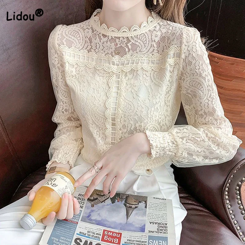 Autumn Fashion All-match Solid Color Lace Shirt Women\'s Clothing Korean Elegant Hollow Out Spliced Long Sleeve Blouse for Female