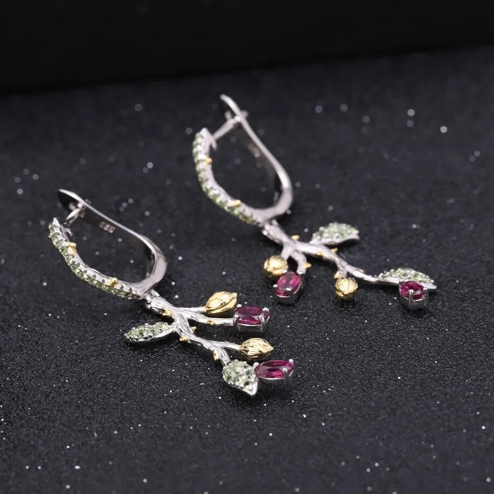 

GEM'S BALLET 1.26Ct Natural Rhodolite Garnet Earrings 925 Sterling Silver Handmade Statement Tree Drop Earrings for Women Bijoux