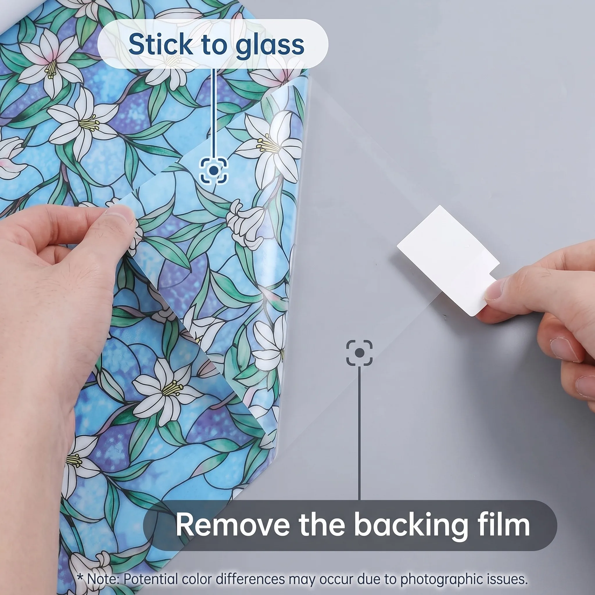 Blue Floral Window Film Stained Glass Privacy Anti Scratch Cut to Size Static Cling for Home Bathroom Glass Door Decor