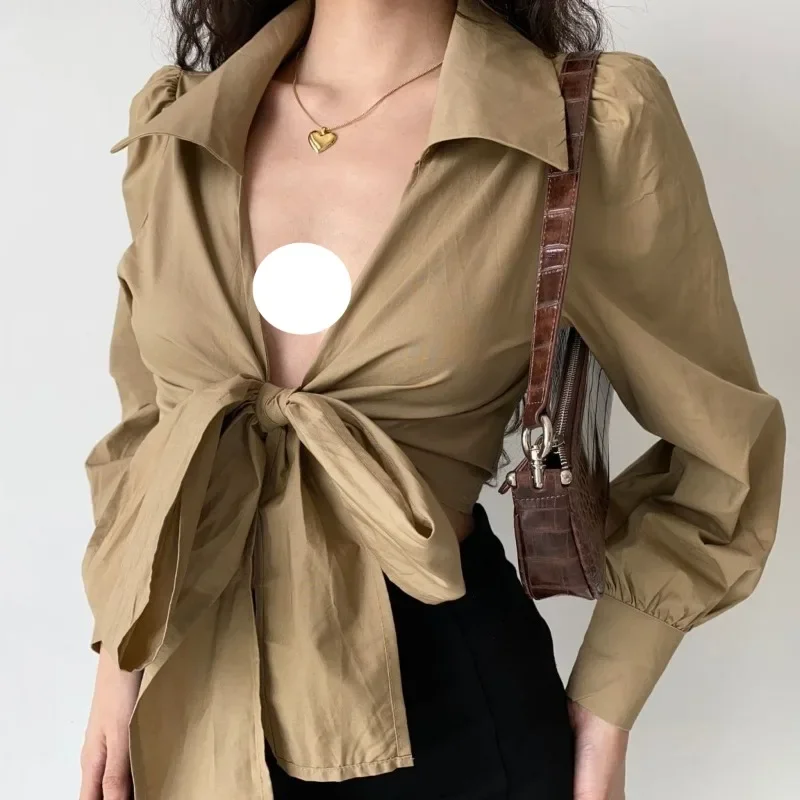 Bluzki damskie American High Street Spring Solid Bandage Aesthetic Vintage Crops Design Harajuku Clothes Blusas Casual Hipster