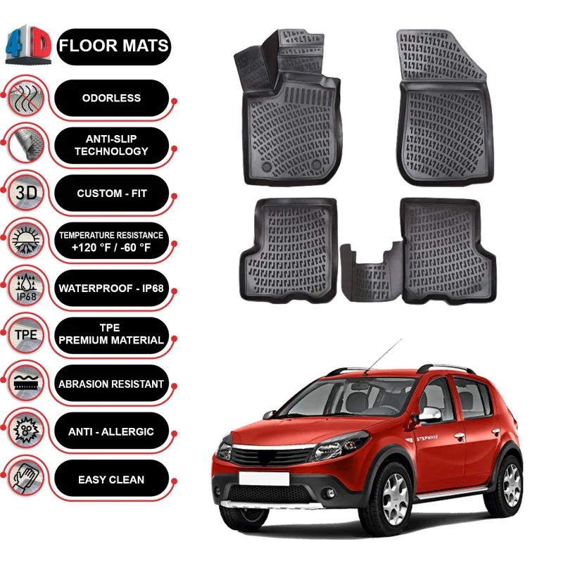 Dacia & Renault Lodgy 2012-2021 Floor Mats Liner Waterproof 3D Molded Black 4X