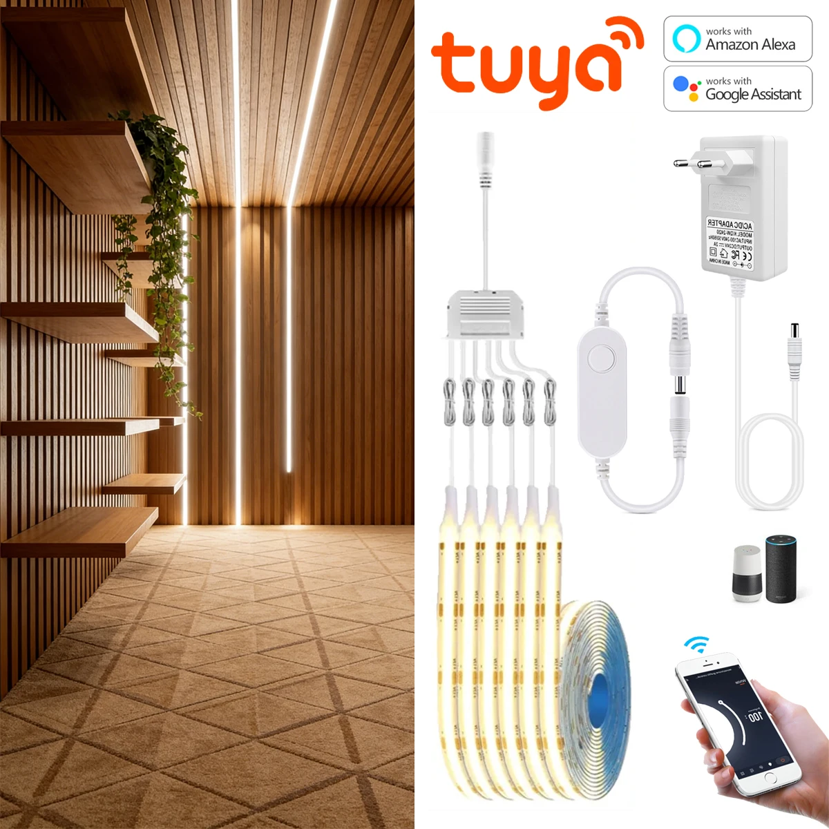 

Светодиодная лента Tuya Smart WiFi, DC12V, FCOB, с голосовым управлением, 320 светодиодов/м, для многослойных шкафов, книжных полок, подсветки, декора стен