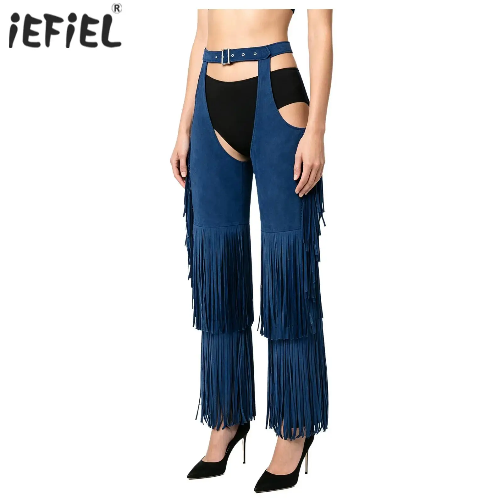 Damen Fransen-Chaps mit weitem Bein, Cowgirl-Hose, Cowgirl-Cosplay-Kostüm, verstellbare Taille, gestufte Reithose mit Fransen