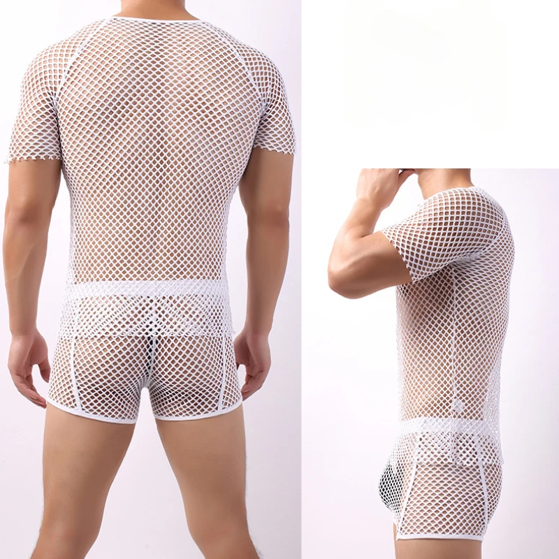 تي شيرت رجالي مثير شبكة شفافة شبكة صيد السمك بلوزة جوفاء ملابس السباحة قمصان قميص داخلي تجريب كمال الاجسام محدد شكل الجسم #4