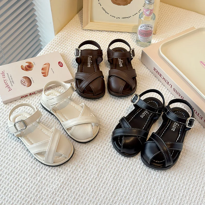 

2025 Summer New Children Sandals for Girls Fashion Korean Style Soft Sole Anti-slippery Versatile Chic Roman Cut-outs Beach Shoe