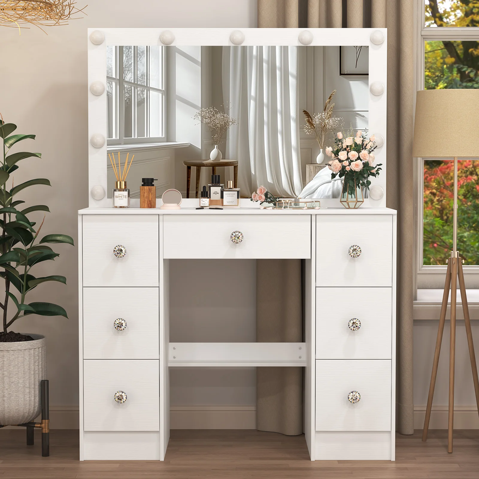 White Makeup Vanity Table with LED Lighted Mirror Crystal Knobs 7 Drawers Dressing Table Bedroom Cosmetic Storage Dresser Desk for Women Girls
