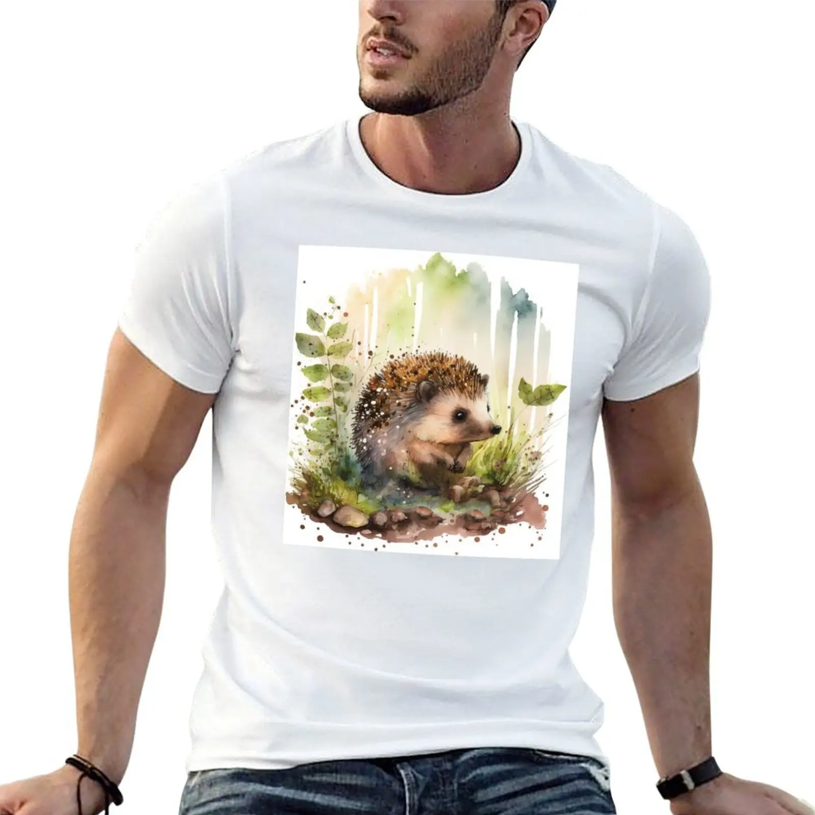 Watercolor Cute Baby Hedgehog Sitting in the Grass, Colorful Hedgehog Piglet T-Shirt