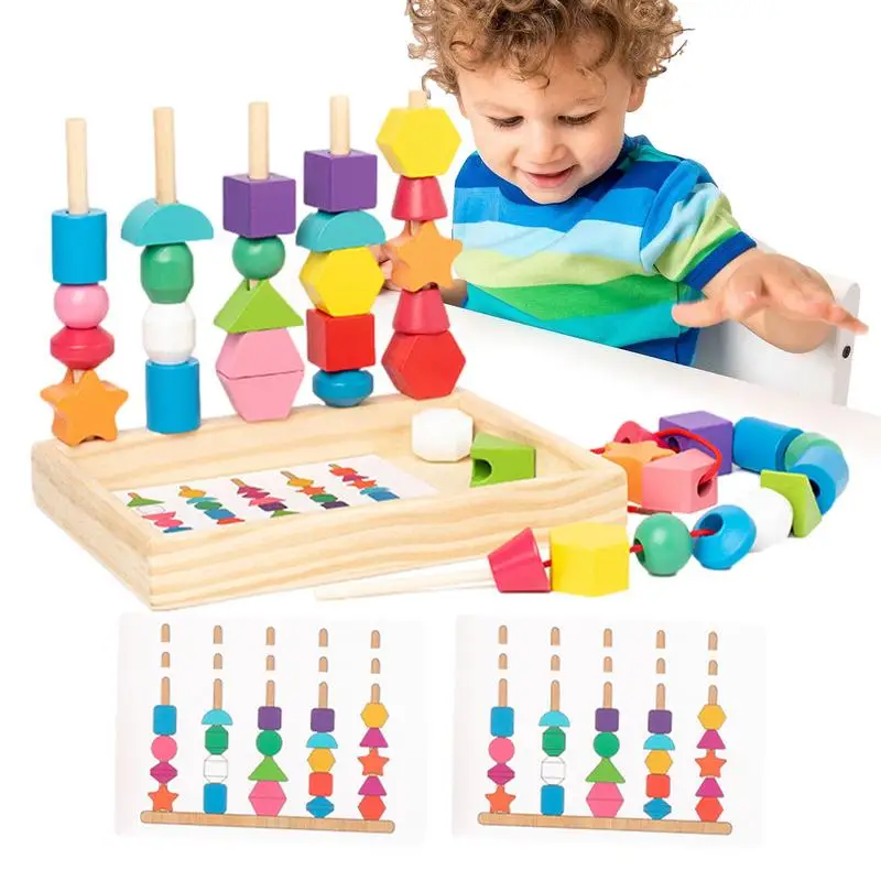 

Wooden Bead Sequencing Toy Stacking Montessori Toys Wooden Blocks Activity Puzzle Colorful Shape Sorter Learning Blocks