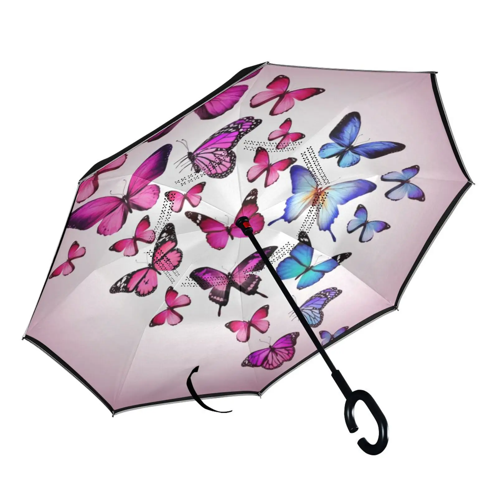 The butterfly pattern umbrella with long handle is designed in C comfortable and convenient toHand Grip Waterproof umbrella