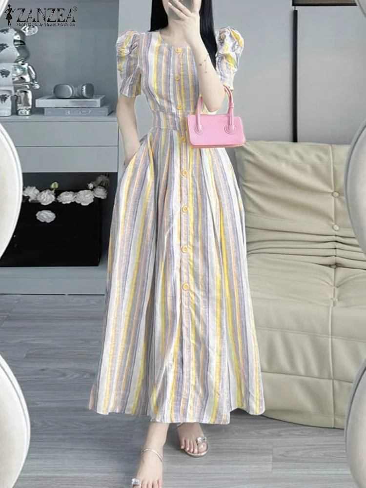 ZANZEA レトロストライプドレス女性エレガントなオフィスサンドレス夏のパーティーマキシロング Vestidos 2025 カジュアル A ラインパフスリーブローブ