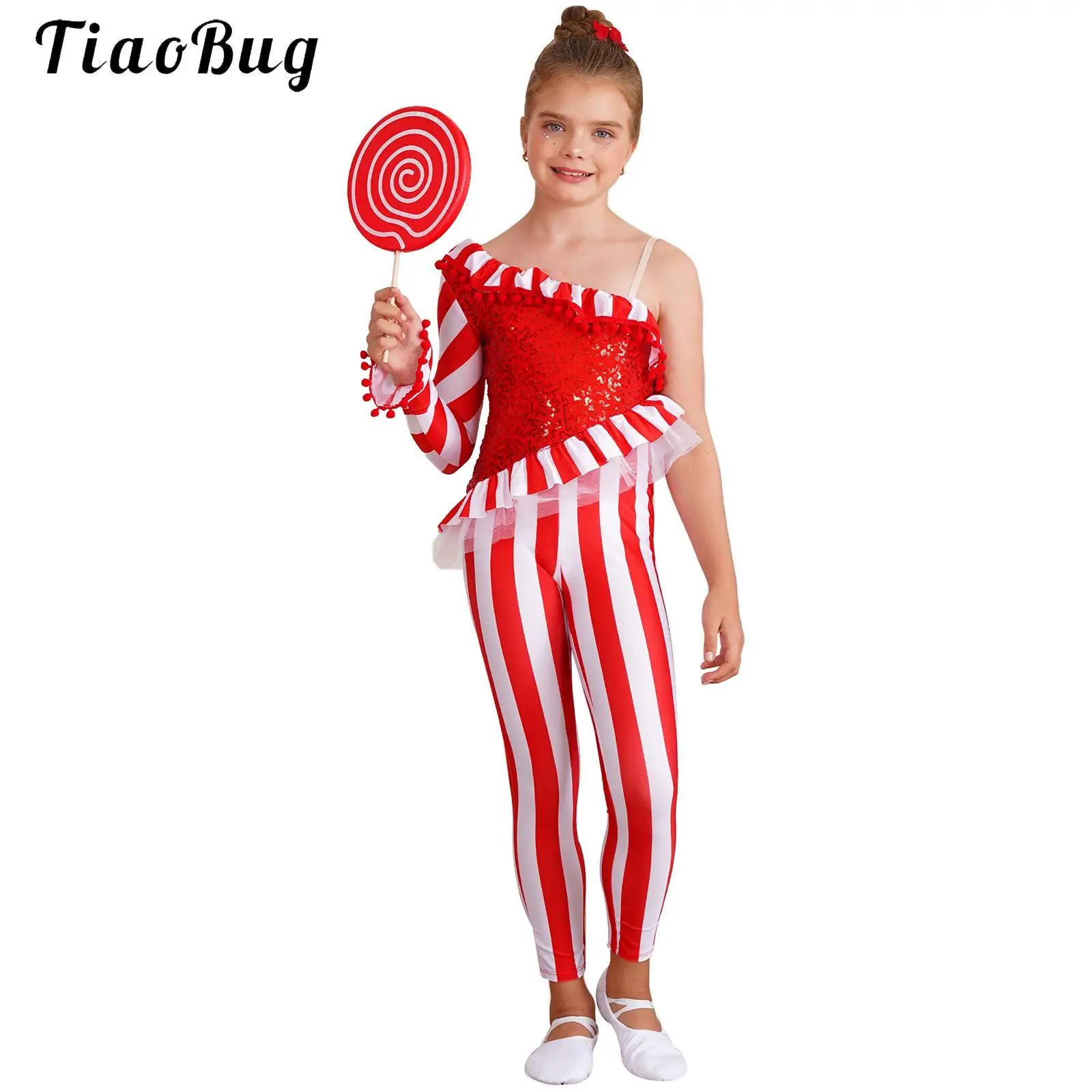 

Kids Girls One Shoulder Ballet Dance Leotard Candy Cane Striped Christmas Bodysuit Gymnastics Jumpsuits Figure Skating Costume