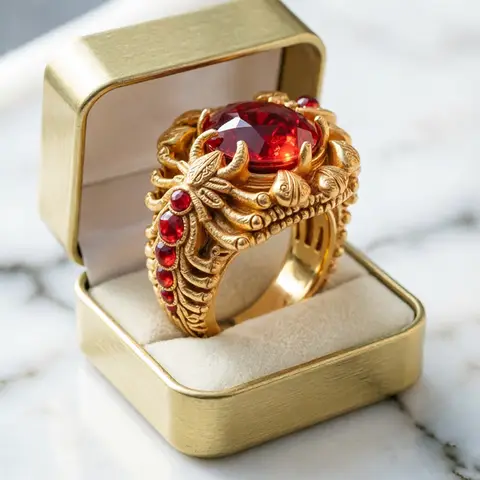 Vintage Luxury Men's Ring Large Square Ruby Red Zircon Crown Pattern Alloy Turkish Ottoman Style Statement Rings For Male
