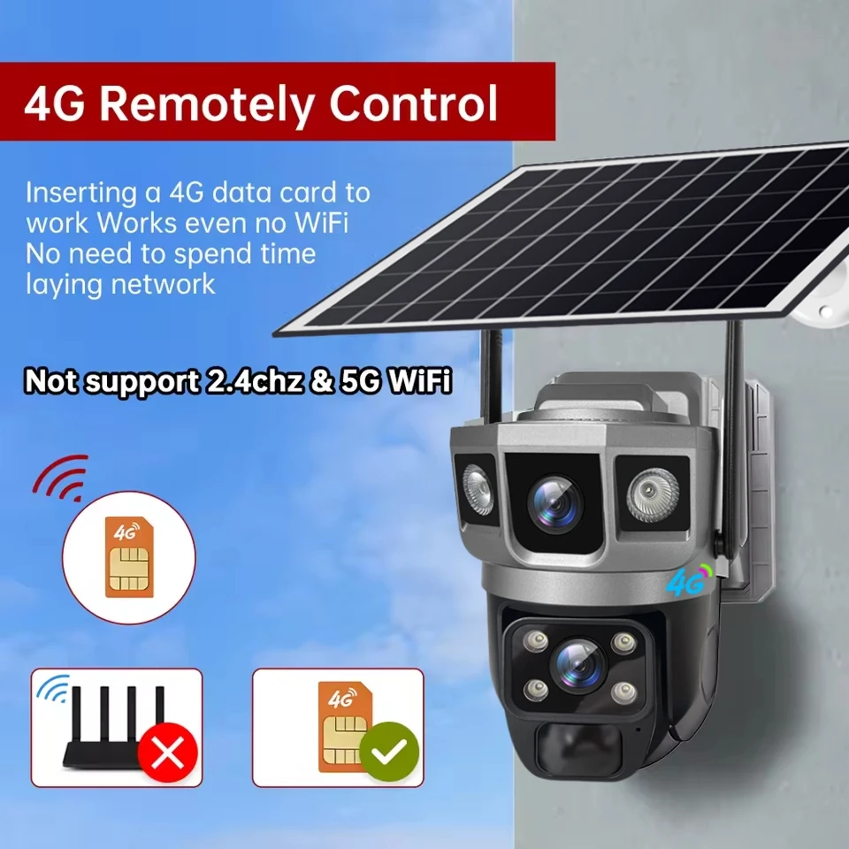 12MP V380 Pro Solar Camera 4G With Sim Card Triple Screen Network Security CCTV Built-in Battery Night Vision 6K HD PTZ Cameras
