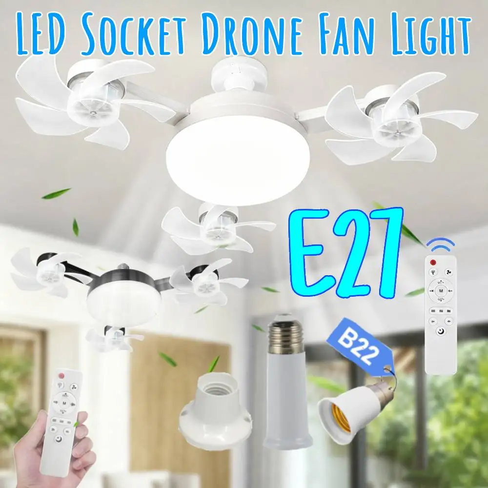 2 In 1 LED Drone Socket Fan Light E27 Screw in Ceiling Fans with Lights & Remote 3-Speed Hanging Fans for Bedroom Working Space