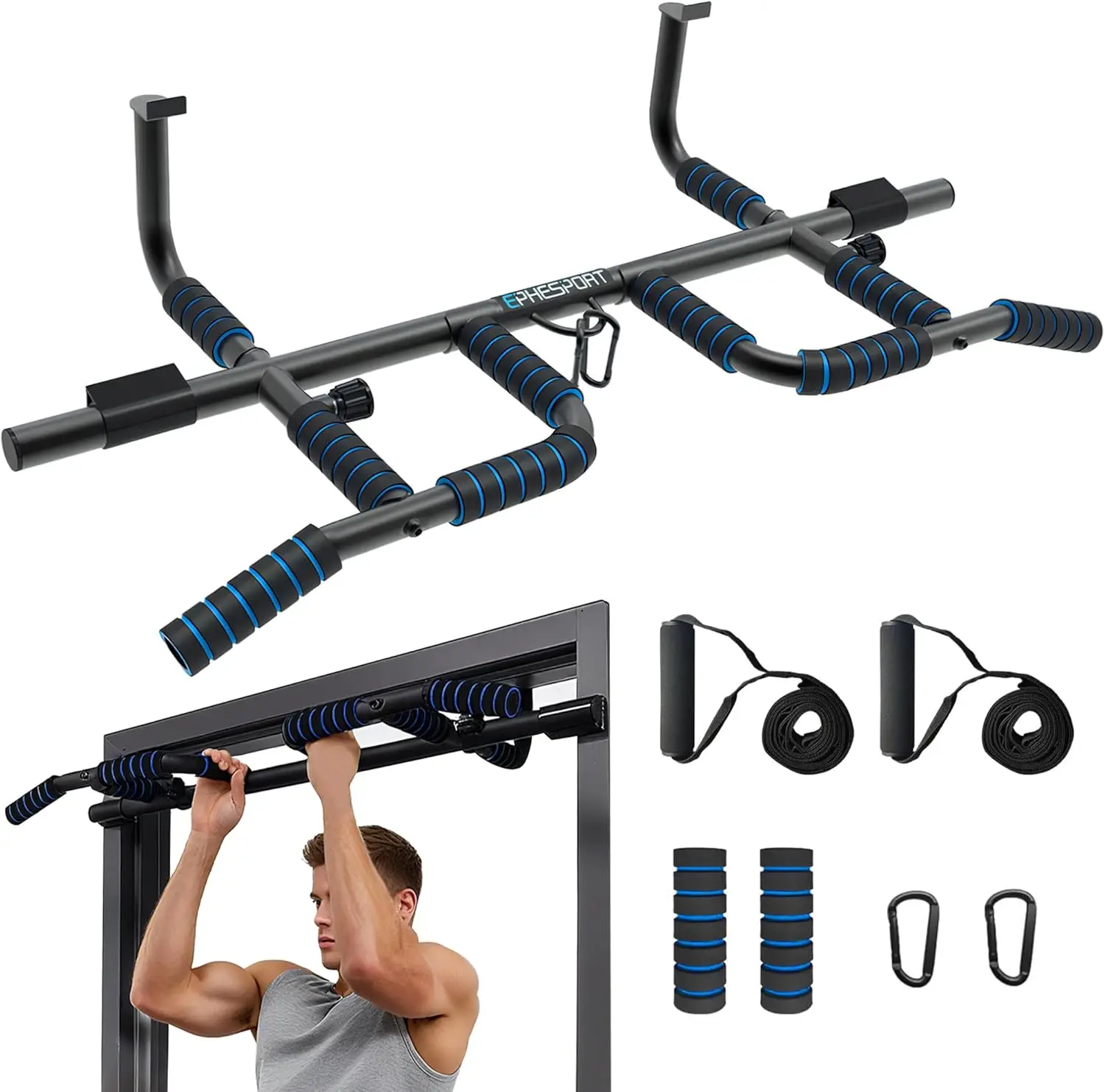 

New Version Pull Up Bar with Resistance Bands, No Screwing Pullup Bar for Doorway, Ergonomic Grip, USA Original Patent Design, 4